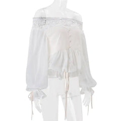 White Off-shoulder Tied Cuff Lantern Sleeve Top