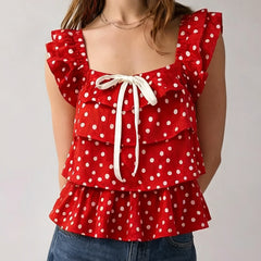 Polka Dot Square Neck Bow Tie Sleeveless Layered Blouse