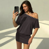 Button Applique Diagonal Collar Short Sleeve T-shirt Dress