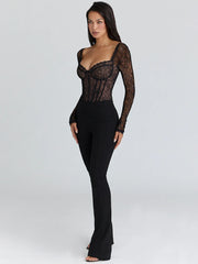Black Lace Long Sleeve Corset Bodysuit
