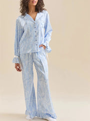 Satin Floral Print Long Sleeve Shirt with Long Pants Two Piece Sleepwear Set