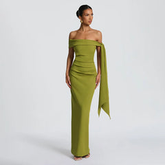 Slash Neck Off-Shoulder Ribbon Split Maxi Dress