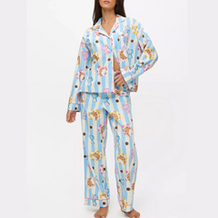 Blue Stripe Long Sleeve Pattern Print Shirt And Wide Leg Pants Sleepwear Set