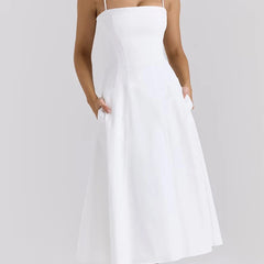 Solid Straight Neck Cami Strap Midi Dress