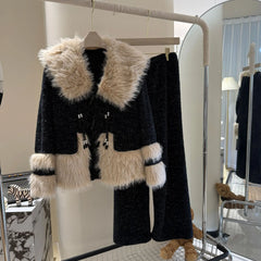 Black Fur Pulsh Flannel Shirt And Pants Pajama Set