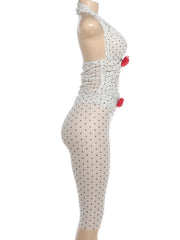 White Polka Dot Rose Applique Halter Top And Mesh Capri Pants Set