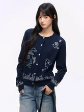 Blue Cartoon Embroidery Cardigan