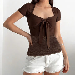 Brown V-neck Tie Up Patchwork Short Sleeve Top