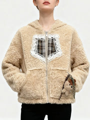 Gingham Teddy Hooded Patchwork Jacket
