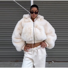 Faux Fur Zipper Hooded Jacket