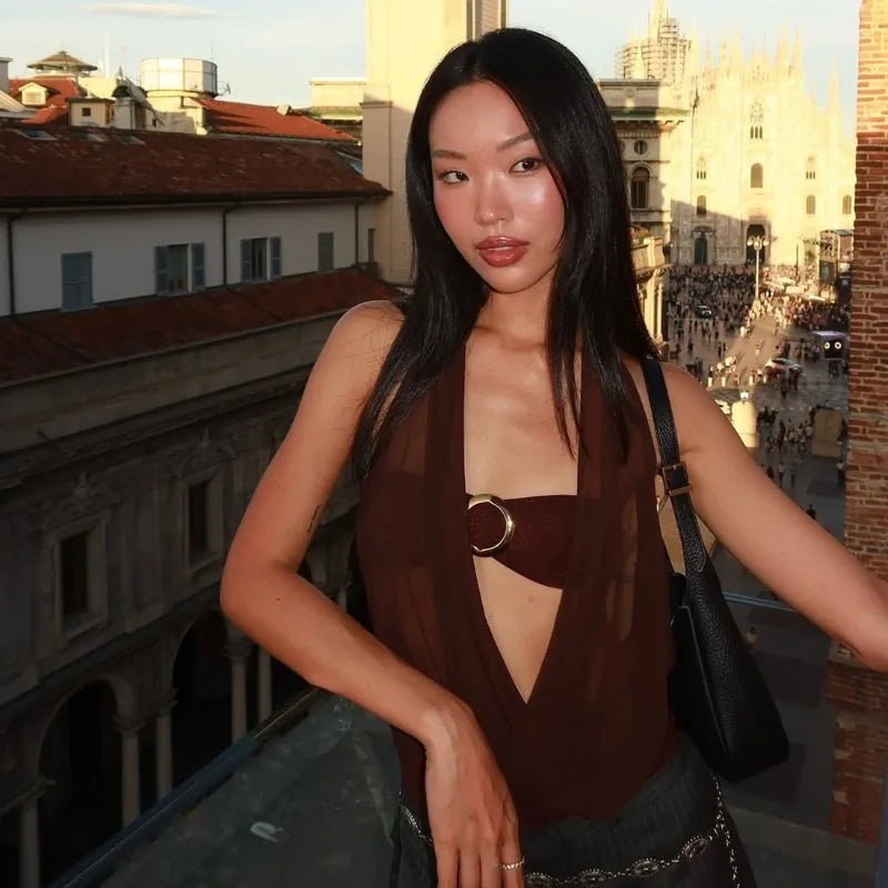 Women's see-through halter top with included bralette.