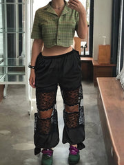 Black Lace Patchwork Wide Pants