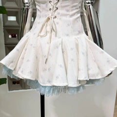 Floral Print Corset Square Neck Puff Sleeve Ruffle Hem Mini Dress