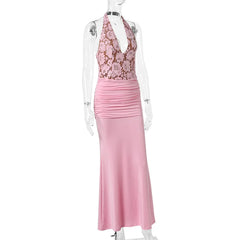 Pink Lace Halter Deep V-Neck Ruched Waist Maxi Dress