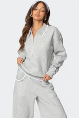 Lace Trim Long Sleeve Collared Sweatshirt with Front Pocket and Wide Leg Sweatpants Set