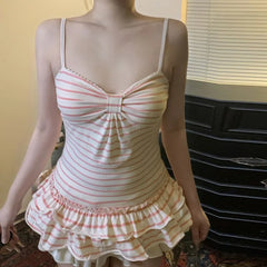 Pink Striped Ruffled Hem Tank Top