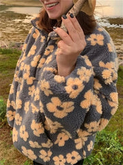 Floral Printed Zipper Teddy Jacket