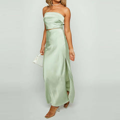 Satin Strapless Crop Top & Long Skirt Set