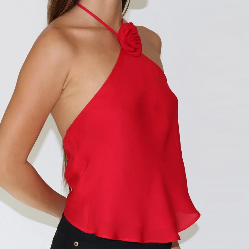 Red halter top with floral detail