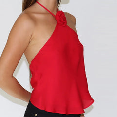 Red halter top with floral detail