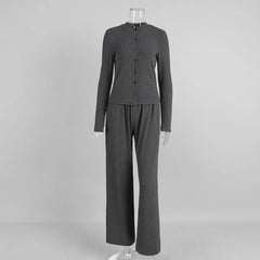 Ribbed Fabric Knit Long-Sleeved Top And Long Pants Leisure Set