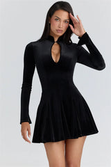 Black Velvet Front Hollow High Neck Long Sleeve Mini Dress