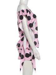 Pink Polka Dot Short Sleeve Tassel Mini Dress