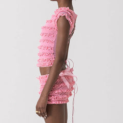 Frill Trim Lace Tie Up Top And Low Rise Shorts Set