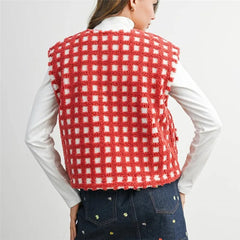 Fleece Plaid Pattern Full Button Down Vest with Pockets