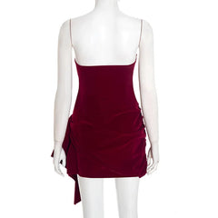 Velvet Strapless Ribbon Pleated Mini Dress