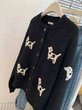 Blue Puppy Round Neck Knit Long Sleeve Cardigan