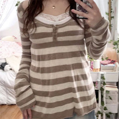 Striped Long Sleeve Babydoll Sweaters Top