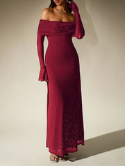 Off-Shoulder Flared Long Sleeve Sequined Maxi Dress