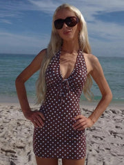 Brown Polka Dot Ruched Neck Mini Dress