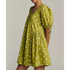 Bow Tied Short Puff Sleeve Square Neck Loose Mini Dress