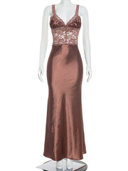 Brown Lace Patchwork Satin Strap Maxi Dress