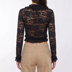 Lace Ruffle Trim Sheer Long Sleeve Crop Top