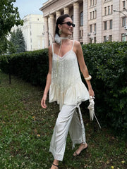 White Lace Printed Strap Long Top