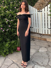 Black Off-shoulder Satin Buttoned Maxi Dress