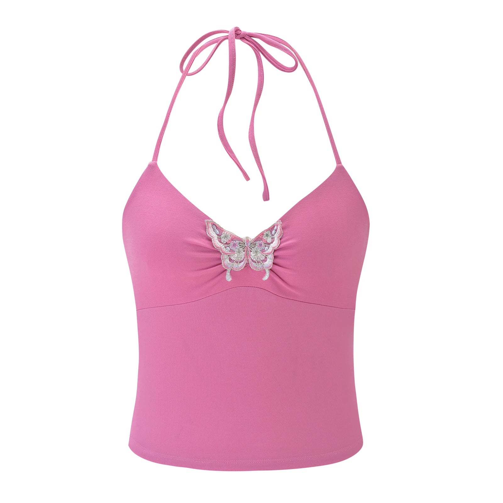 Pink halter top with butterfly embellishment