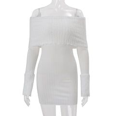 White Off Shoulder Plush Patchwork Knit Mini Dress
