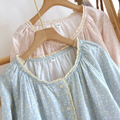 Cotton O-neck Long-sleeved Printed Button Shirt And Pants Pajama Set