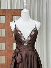 Brown Satin Spaghetti Strap Lace Patchwork Mini Dress