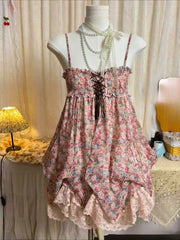 Pink Printed Bud Hem Smocked Strappy Mini Dress
