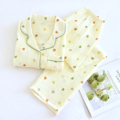 Yellow Heart Printed Long Sleeve Shirt And Pants Pajama Set