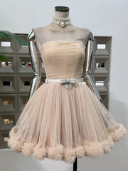 Beige Strapless Tulle Pom Pom Mini Dress