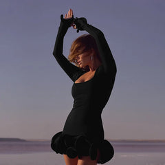 Long Sleeve Ruffles Hem Mini Dress