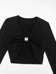 Black Metal Buckle Crop Top And High Waist Pants Set