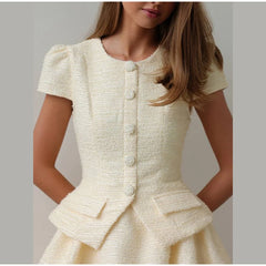 Tweed Puffy Sleeve Shirt And Bubble Skirt Set