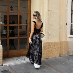 Black Lace Sheer Ruffle Strap Maxi Dress